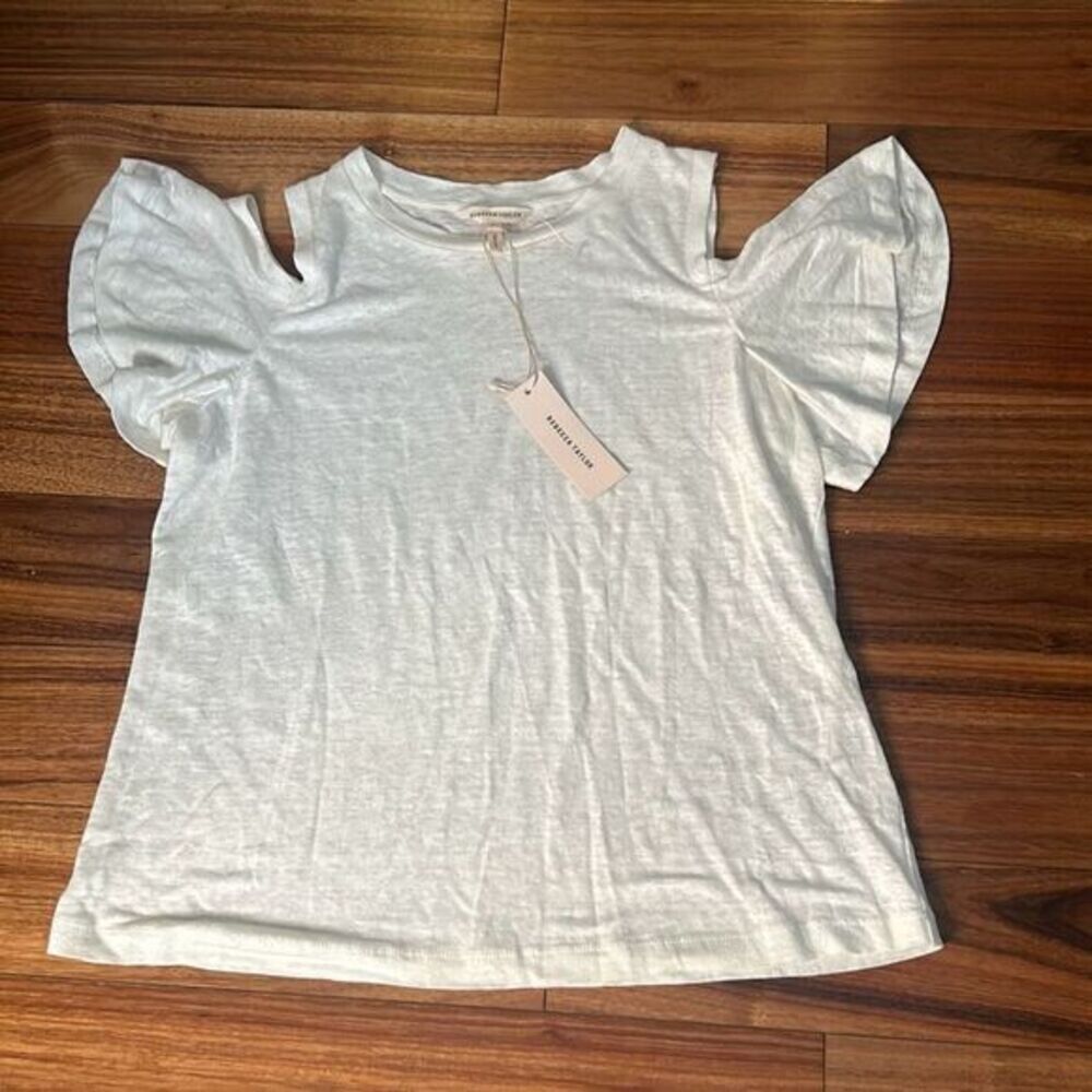 Rebecca Taylor ivory linen cold shoulder short sleeve shirt ruffle‎ semi sheer